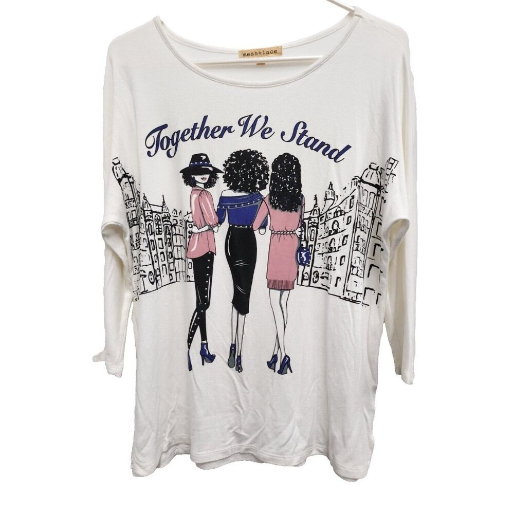 Mesh + Lace Womens Top Medium White Together We‎ Stand Graphic Novelty Artsy